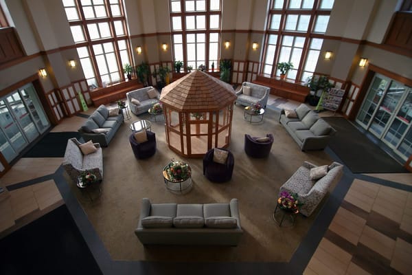 Interior view of a common area with seating