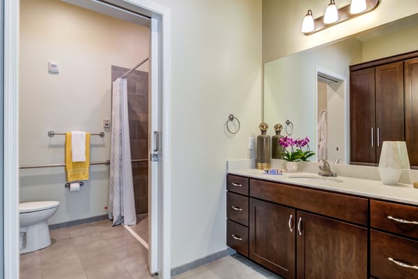 Bright, modern bathroom in a senior living facility