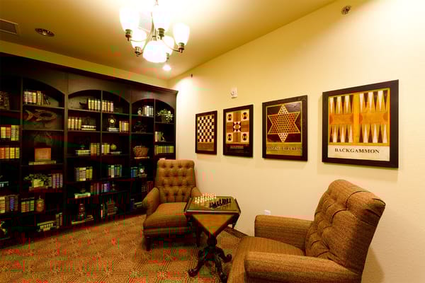 Cozy common area with chess and games.
