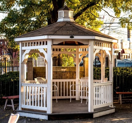 Outdoor gazebo in a garden setting