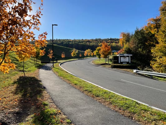 Winding path leading to a facility entrance with autumn trees