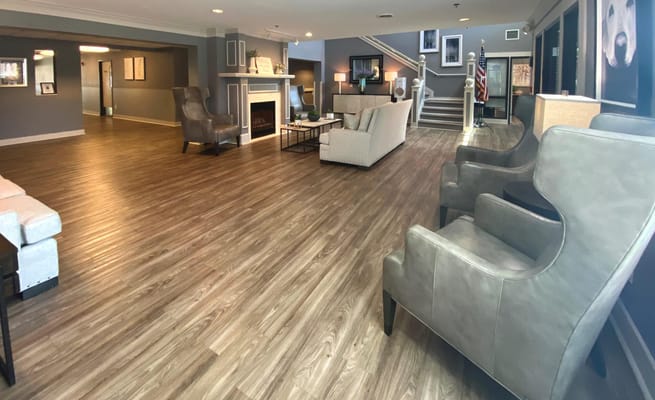 Interior common area with seating and fireplace