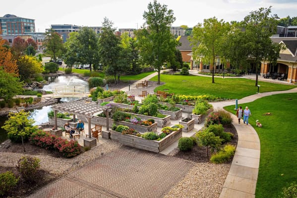 Aerial view of a beautifully landscaped garden with residents