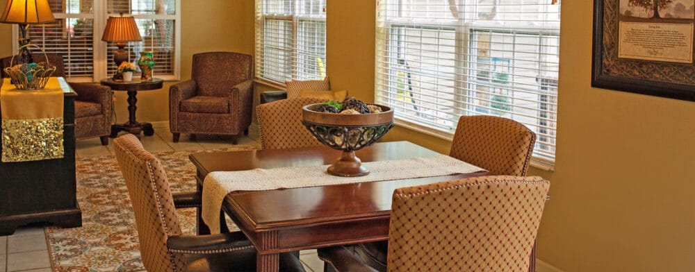 Cozy dining area with seating and decorative elements