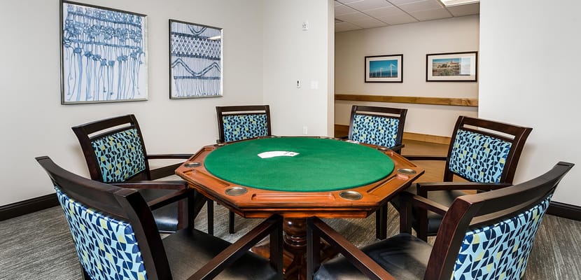 Interior view of a card table set up for games