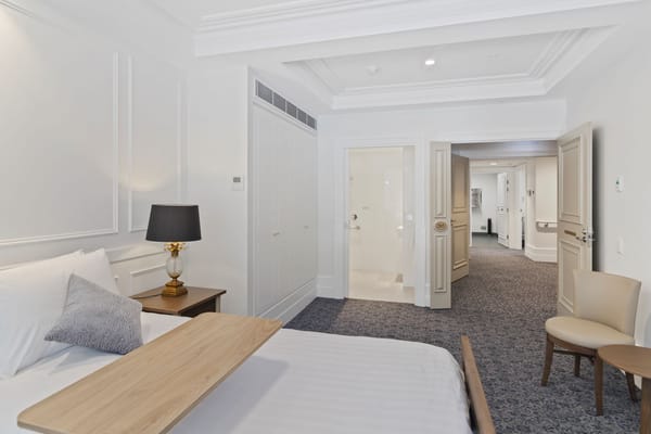 Interior view of a modern resident room with amenities