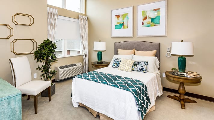 Stylish bedroom in an assisted living facility