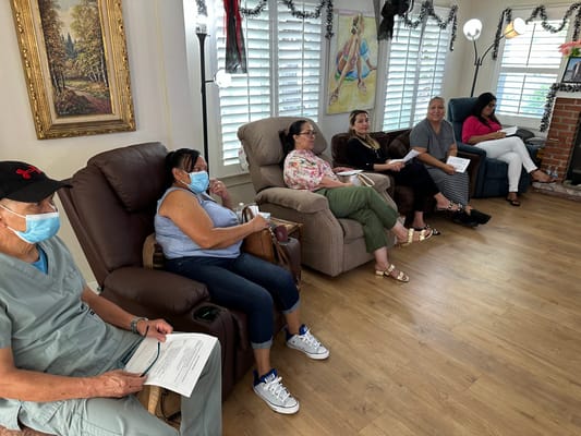 Residents socializing in a cozy common area