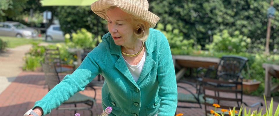 A resident tending to flowers in a garden area