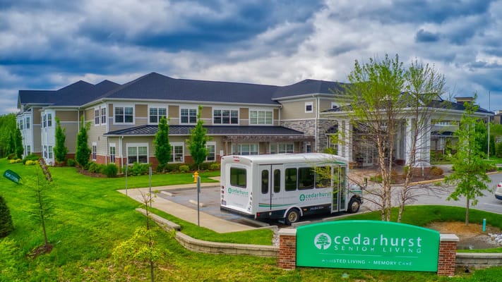 Exterior view of Cedarhurst facility with transport shuttle