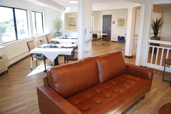 Interior view of a dining area with seating