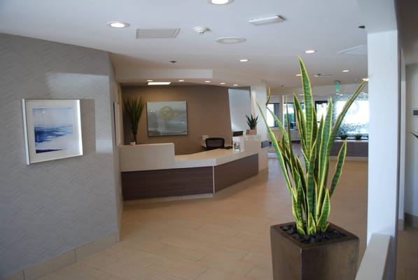 Bright reception area with plants and seating