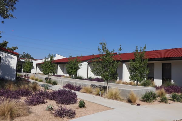 Pathway with landscaped gardens and building exteriors