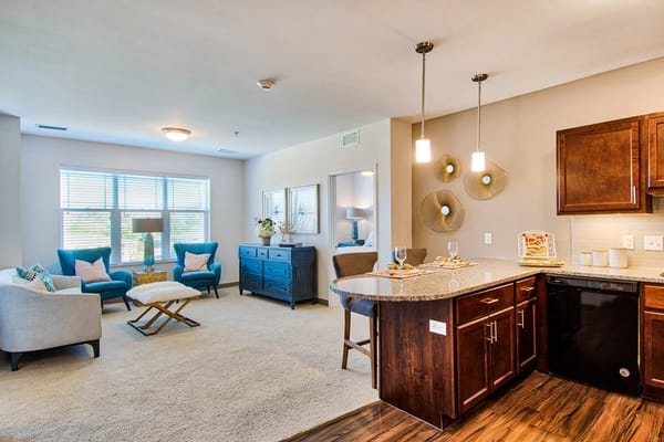 Bright living room in a senior living apartment