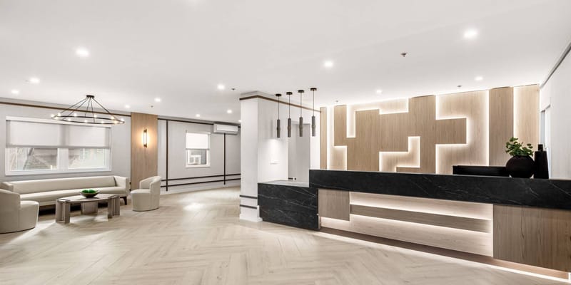 Modern lobby area of a senior living facility