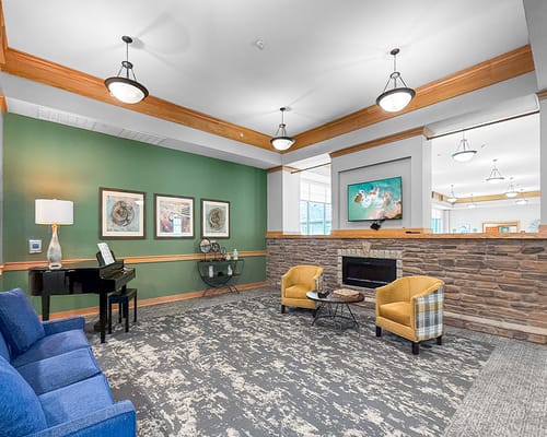 Bright common area with seating and decor