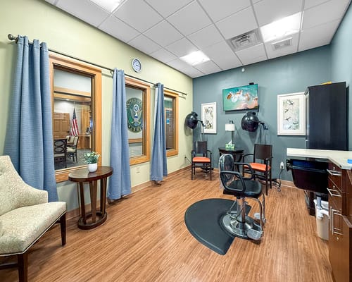 Interior view of a salon area in a senior living facility