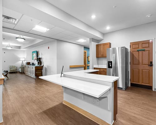 Bright interior of a common area with kitchen space