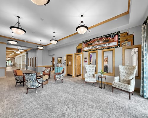 Bright common area with comfortable seating and decor