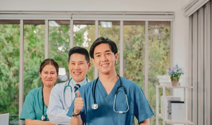 Healthcare staff posing together in an interior space