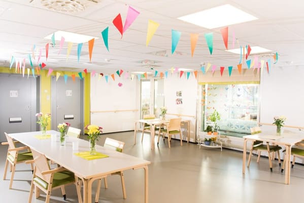 Colorful activity room decorated for a celebration