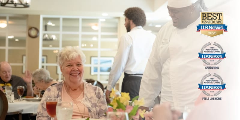 Residents enjoying a meal in the dining room