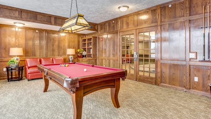 Interior view of a billiard room with a pool table