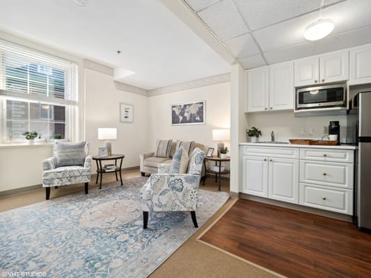 Cozy senior living room with kitchenette