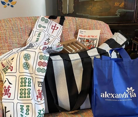 A variety of Mahjongg game supplies including an apron, bags, and a game instruction book on a colorful chair.