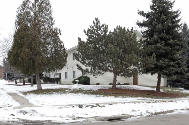 Exterior view of Allen Manor Senior Housing in winter