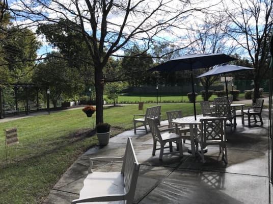 Outdoor seating area with umbrellas and trees