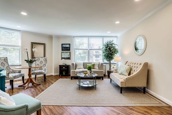 Bright and cozy common area with seating