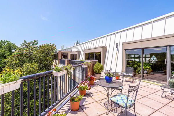 Outdoor terrace with flowers and seating