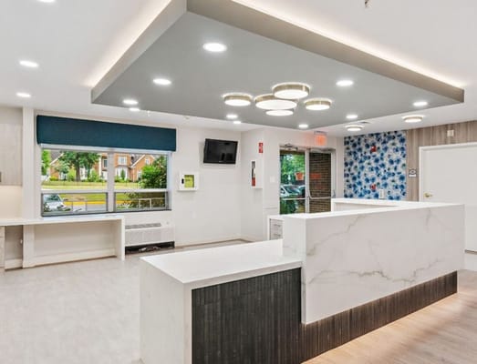 Bright and modern reception area of a nursing home