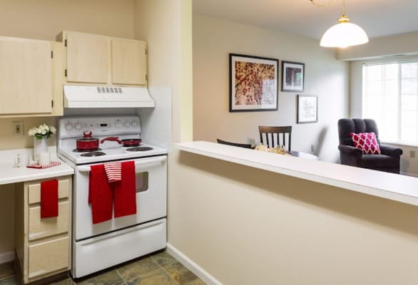 Cozy interior kitchen with appliances and seating area