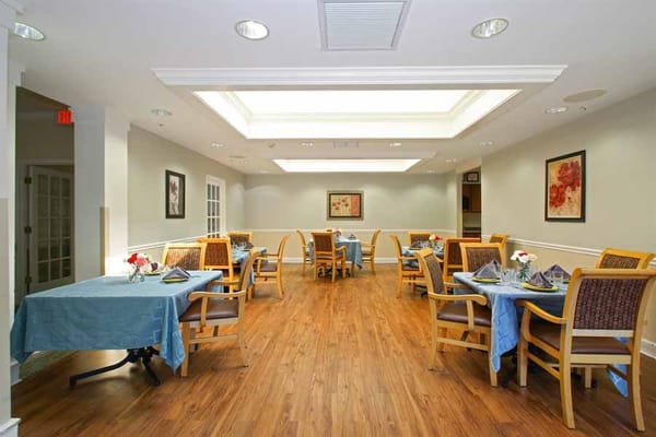 Interior of a dining room set for a meal