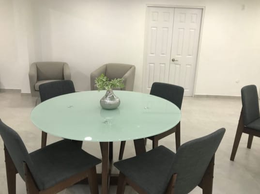 Interior view of a common area with seating