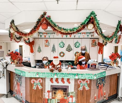 Reception area decorated for the holidays