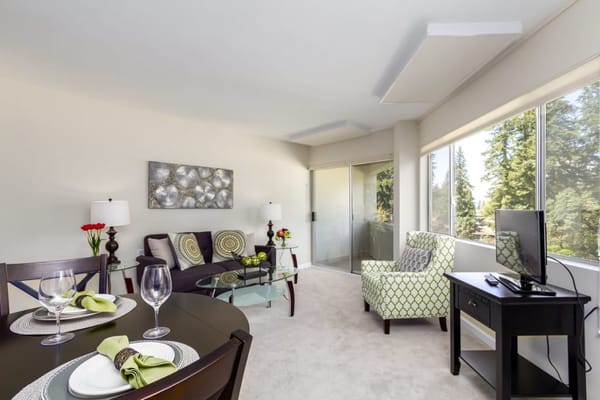 Bright living room with a couch, dining table, and large windows