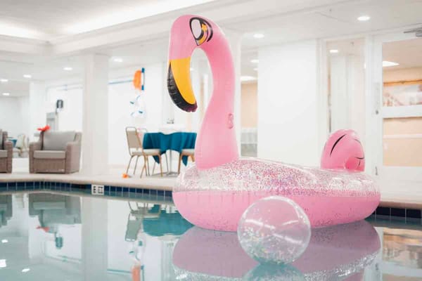 Bright indoor pool area with a flamingo float