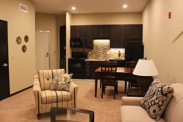 Cozy interior living space with kitchen and dining area