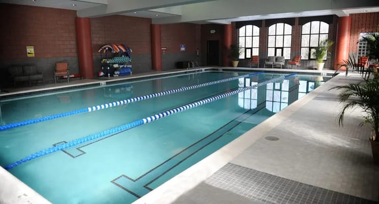 View of the indoor swimming pool with lanes at Evergreen Woods.