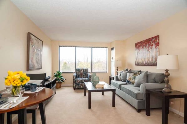 Cozy living room with a view, featuring comfortable seating and decorative elements.