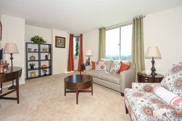 Bright and inviting living room with comfortable seating and decorative elements.