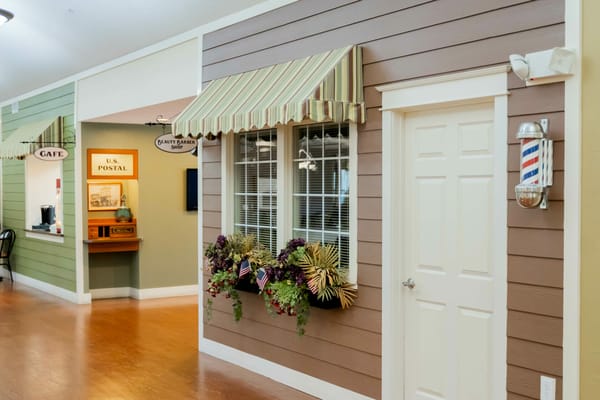 Beauty Barber Shop entrance with flower boxes