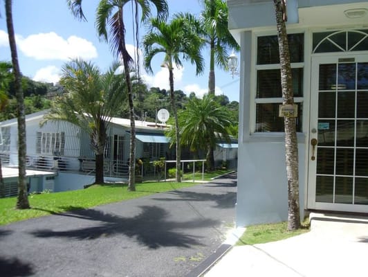 Sunny exterior showing pathways and palm trees at Hogar Elisabet.