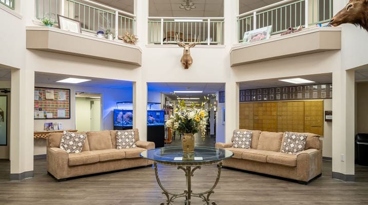 Cozy lobby area with seating and decorative elements.