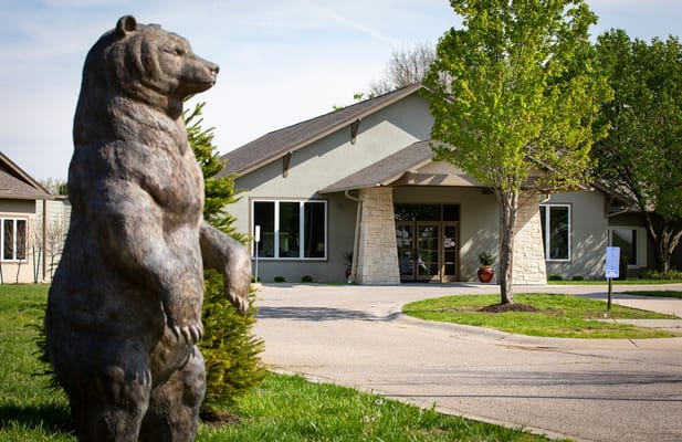 Building entrance with a bear statue in front