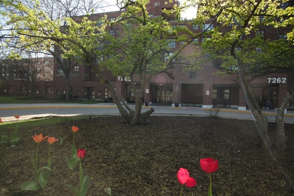 Flowerbed outside the facility with trees and building in background