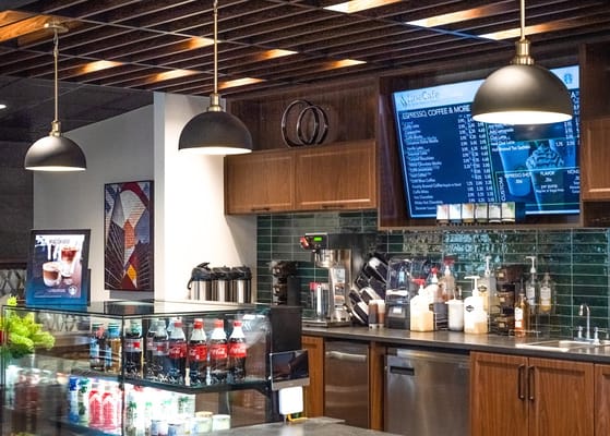 Inside view of a coffee area with beverages available